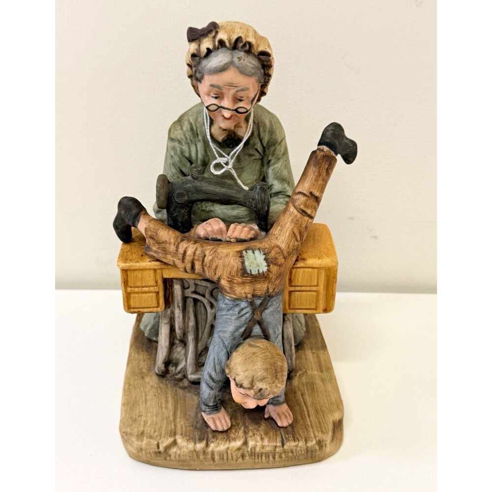 Hand Painted Ceramic Figurine Grandmother Sewing Boy Upside Down 7.5in